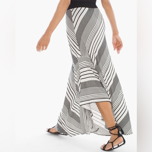 Chico's STRIPE MAXI SKIRT Size 12 (2) Large Black White Textured Hi Low NWT - Picture 1 of 9